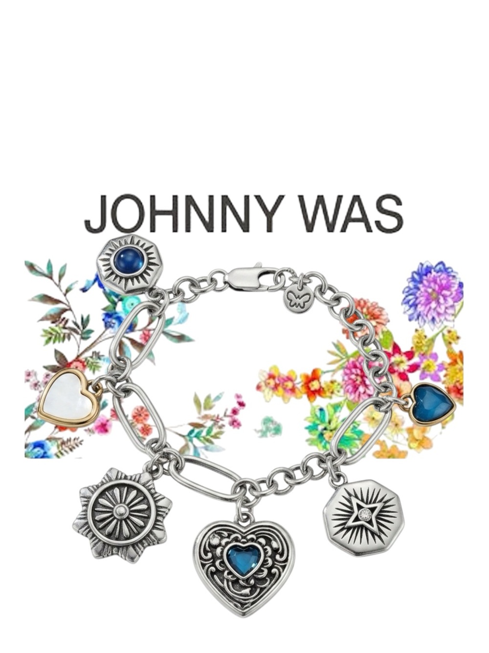 JOHNNY WAS Antique Heart Charm Bracelet, silver & brass tone Lobster Clasp, Boho